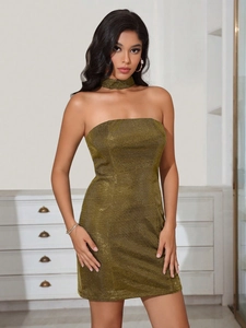 Metallisch Glitzer Trägerlos Bodycon Minikleid Mit Passendem Choker Sexy Slim Fit Bankett Party Club Abendmode Für Damen