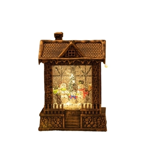 Bronze Christmas snow globe house with snowman family scene and swirling glitter light