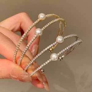 Double Layer Open Bangle Bracelet Alloy Zircon Rhinestone Artificial Pearl French Vintage Luxury Fashion Jewelry For Women