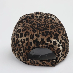 Vintage leopard print baseball cap with adjustable velcro strap, back view on white background