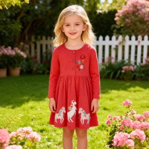 Girls Long Sleeve Dress Cotton Unicorn Floral Embroidery Polka Dot Print Princess Style Autumn Casual Clothing