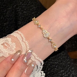 Bracelet En Künstliche Perles Avec Zircon Alliage Plaqué Or Forme De Gourde Style Chinois Élégant Bijoux Réglables Pour Femmes