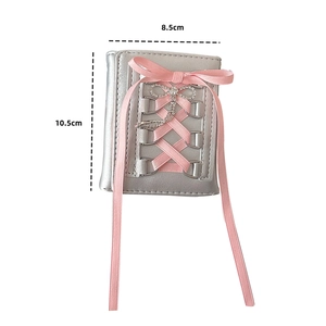 Silver PU leather wallet with pink bow and ribbon, size 8.5cm x 10.5cm ballet style