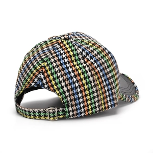 Multi-color houndstooth baseball cap with adjustable metal buckle on white background
