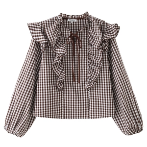 Women Vintage Gingham Blouse Cotton Long Sleeve Ruffle Collar Tie Neck Layered Retro French Style Elegant Top