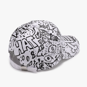 White street style baseball cap with black graffiti print and metal adjustable buckle