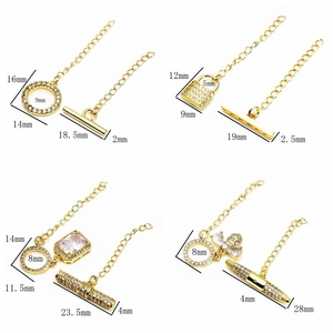 Gold plated brass OT toggle clasps with cubic zirconia and detailed size measurements