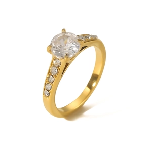 18k gold plated stainless steel ring with large round zircon and side stone accents