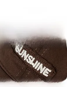 Detail of white SUNSHINE embroidery on dark brown washed cotton canvas baseball cap