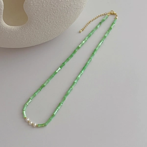 Elegant green bamboo resin and white pearl necklace with adjustable gold chain