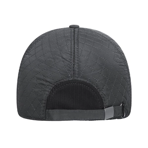 Rear view of dark grey quilted winter baseball cap with adjustable metal buckle strap