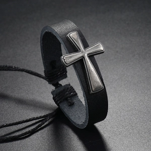 Adjustable woven black leather cross bracelet with vintage silver alloy metal details