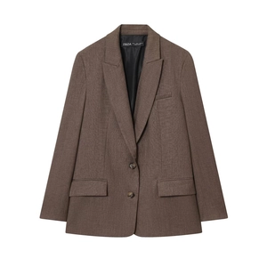 Blazer décontracté marron café pour femme avec revers classique et poches à rabat automne