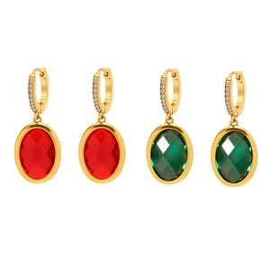 Gold-plated oval gemstone earrings with red and green stones and pavé zircon hoop