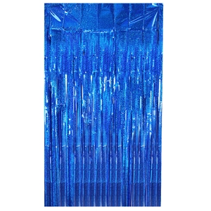 Close-up of shiny blue metallic fringe curtain for mermaid party background decorations