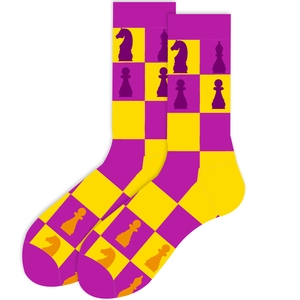 Detailed pattern of checkered socks with purple and yellow chess knight silhouette