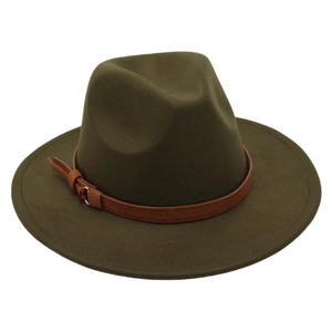Detailed close-up of dark olive wool fedora with brown leather belt and gold metal buckle