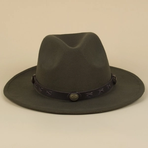 Olive green wool fedora hat with bohemian leather band and vintage metal buckle
