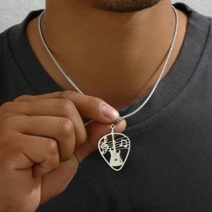 Men's silver stainless steel guitar and music note pendant necklace with box chain