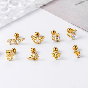 Golden stainless steel cartilage stud set with zircon butterfly bee and snake shapes