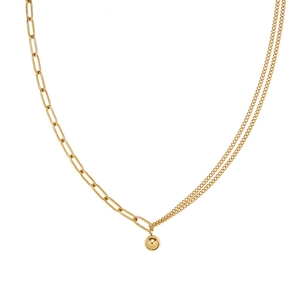 Minimalist gold tone asymmetrical chain necklace with sphere pendant in 18K gold plating