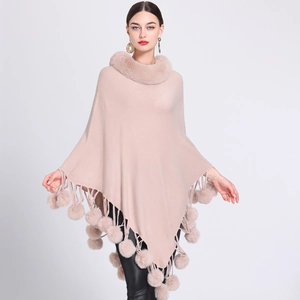 Women Knit Poncho Shawl With Faux Fur Collar And Pom Pom Tassels Pullover Elegant Autumn Winter Cloak