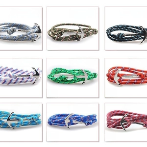 Silver anchor bracelets with various colorful rope cord styles shown in a grid