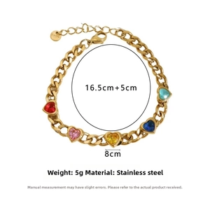 Detail view of heart-shaped colorful zircons on a 16.5cm stainless steel gold chain