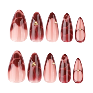 French burgundy press on nails with leopard print and golden floral bead accents
