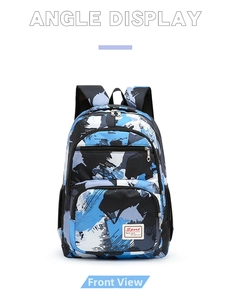 Detail view of durable school backpack featuring a blue camouflage ink splash pattern