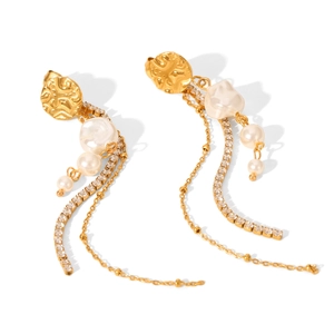 Elegant gold tassel earrings with baroque pearls and crystal accents on white background