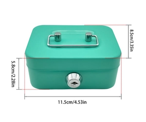Detailed dimensions of turquoise metal money box with handle and key lock mechanism