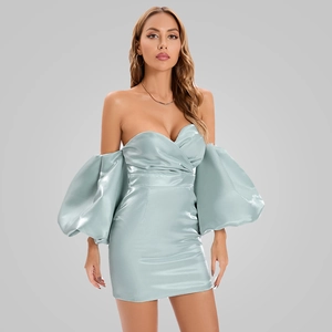 Sexy Off Shoulder Satin Mini Dress Puff Lantern Sleeve Strapless Bodycon Party Evening For Women