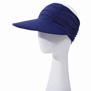 Detail of navy blue pleated sun visor with elastic fabric and wide brim for sun protection