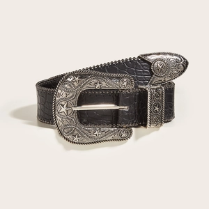 Western Vintage Belt For Women Black PU Leather Alligator Pattern With Star Carved Alloy Buckle American Retro Style
