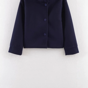 Navy blue wool blend jacket featuring classic button-down front and round neckline