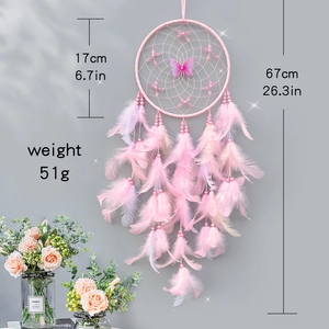 Pink dreamcatcher with feathers and butterfly beads, 17cm ring diameter, 67cm length