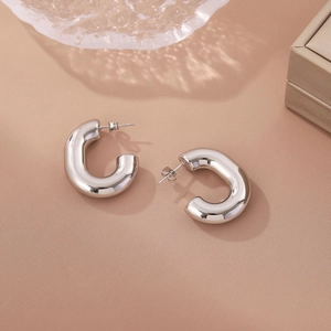 Stainless Steel C Shaped Stud Earrings Thick Hollow Minimalist Geometric French Retro Style Jewelry For Women