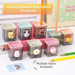 Close-up of cute cartoon dual-hole pencil sharpeners in various macaron colors