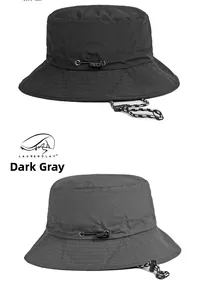 Detail of waterproof outdoor bucket hats with adjustable drawstrings in black and dark grey