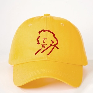 Yellow cotton baseball cap with red embroidery of a cartoon face and adjustable strap