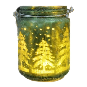 Green frosted Christmas glass jar with tree pattern and LED warm light handle decoration