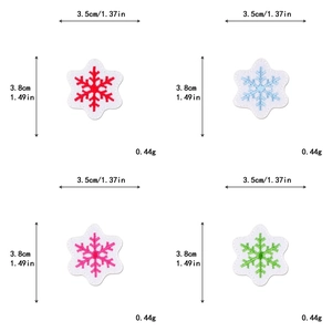 Detailed size specifications for multicolored snowflake embroidered DIY patches in 4 colors