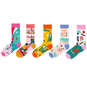 Crew Socks Cotton Blend Illustration Print Novelty Retro Fashion Breathable Mid Tube Casual