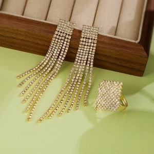 Long Tassel Earrings And Square Ring Copper Zircon Paved Geometric Fashion Jewelry For Women