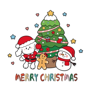 Festive Christmas window stickers featuring snowman and tree in flat cartoon style