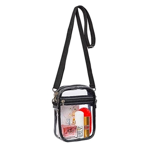 Transparent PVC waterproof crossbody bag with black strap and makeup storage display