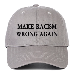 Close-up of gray cotton twill baseball cap with Make Racism Wrong Again embroidery