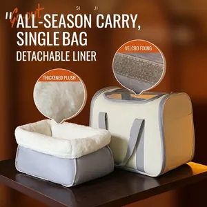 Portable pet carrier bag with detachable warm plush lining and shoulder strap for cats