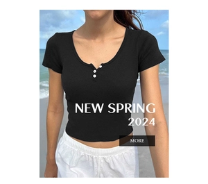 Detail of a black ribbed knit T-shirt with three white buttons on the U-neckline